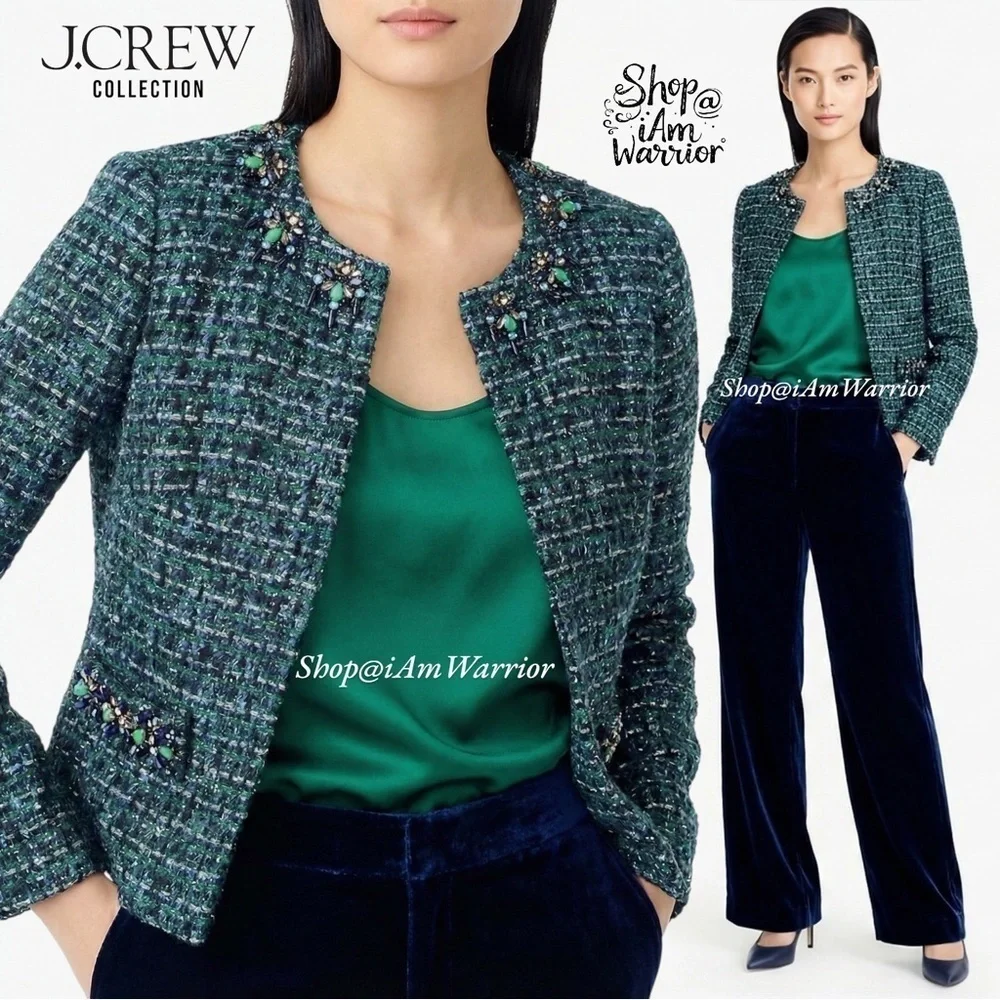 J.Crew Collection jeweled emerald + navy tweed blazer/jacket *shop@iamwarrior